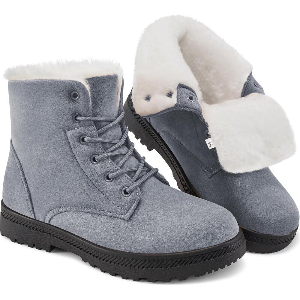 Women’s Grey Warm Fur Lined Ankle Booties Lace Up Slip-On Outdoor Boots